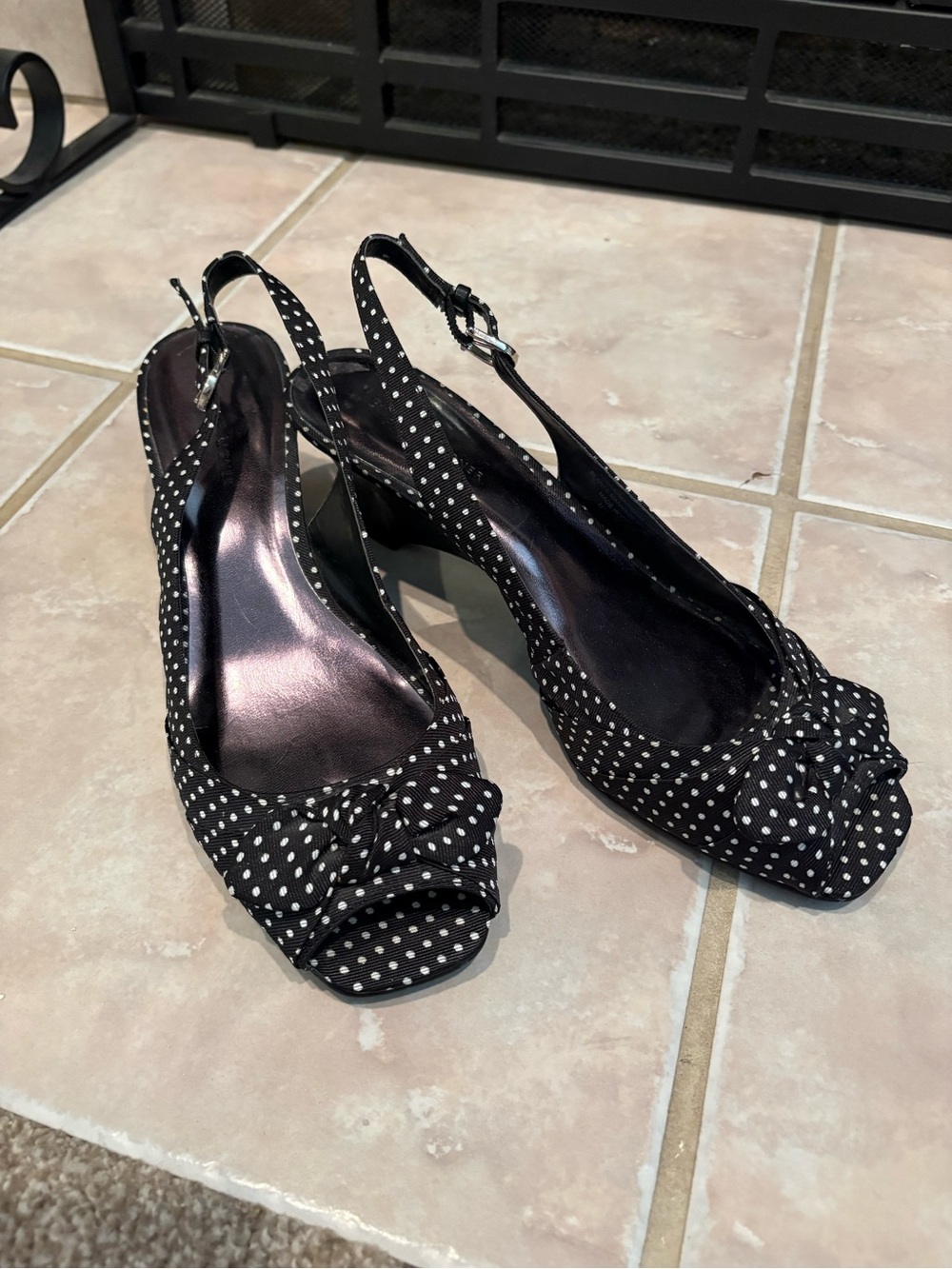 Etienne Aigner Black and White Polka Dot Slingback Peep-Toe Heels